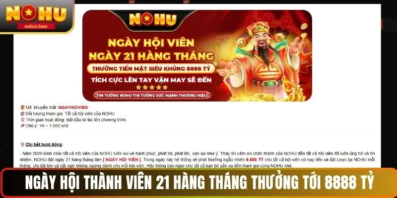 Ngày hội thành viên 21 hàng tháng thưởng đến 8888 tỷ